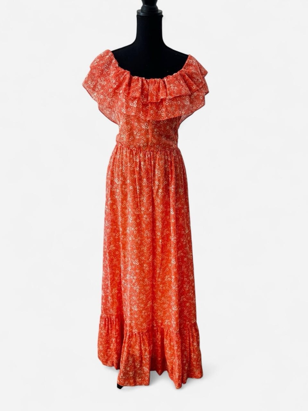 Vintage 70s Boho Cottagecore Prairie Ruffle Maxi Dress Dainty Coquette Retro